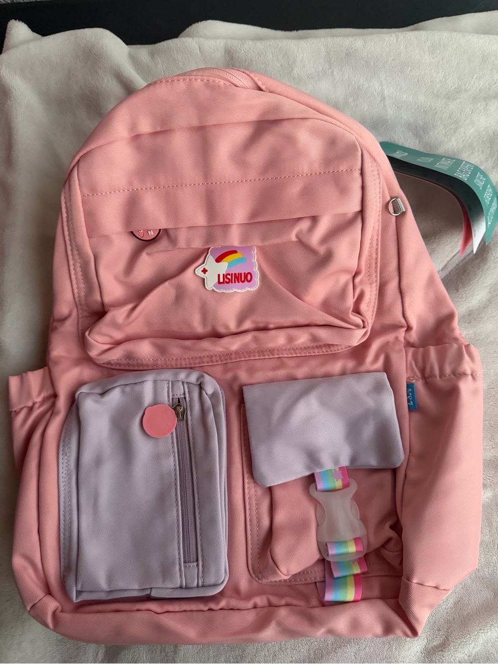 Kids Pink Backpack with Rainbow Accent by